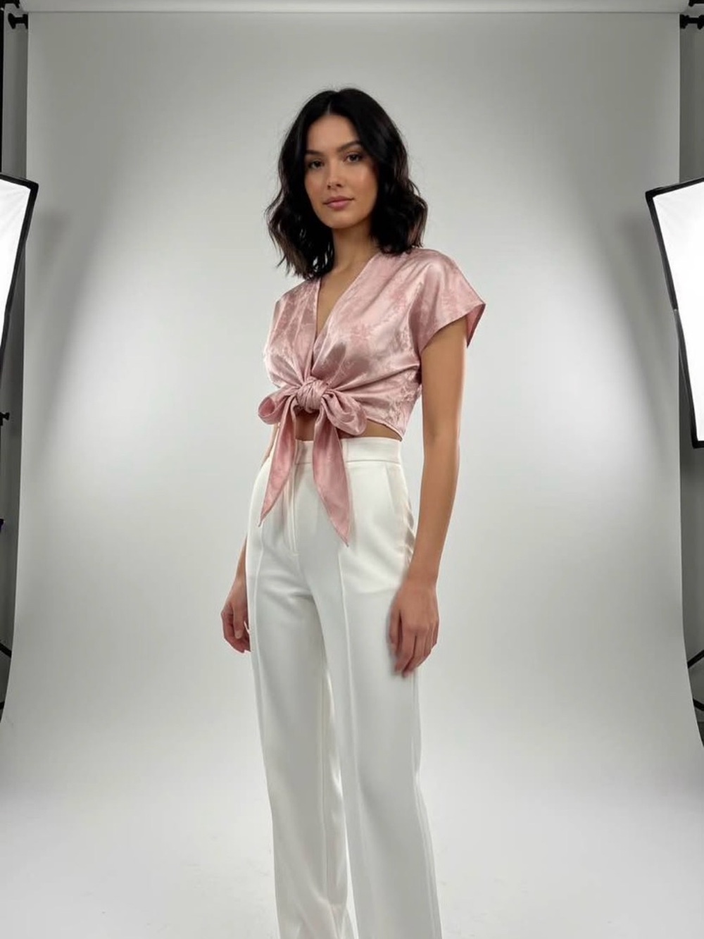 Satin Tie-Front Crop Top in Blush Pink